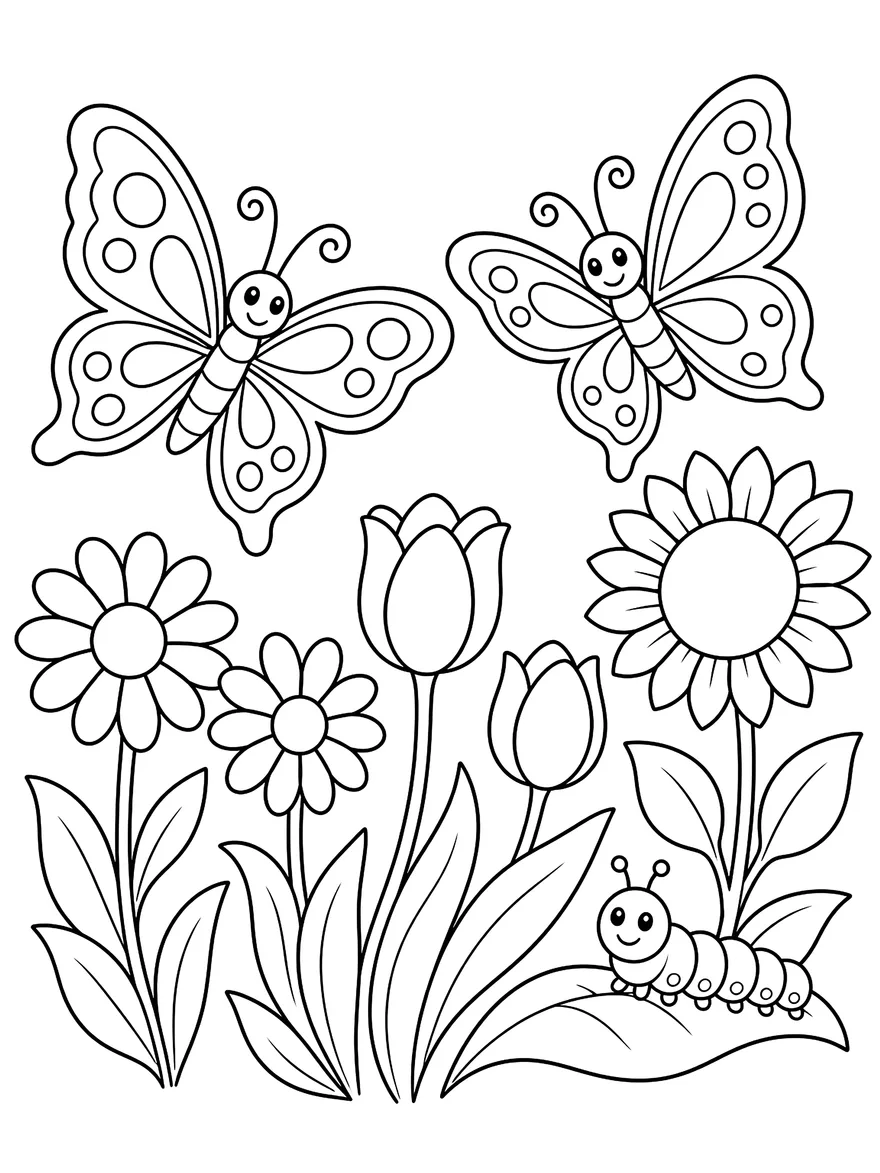 Butterfly Garden coloring page: Two butterflies over daisies, tulips and a sunflower