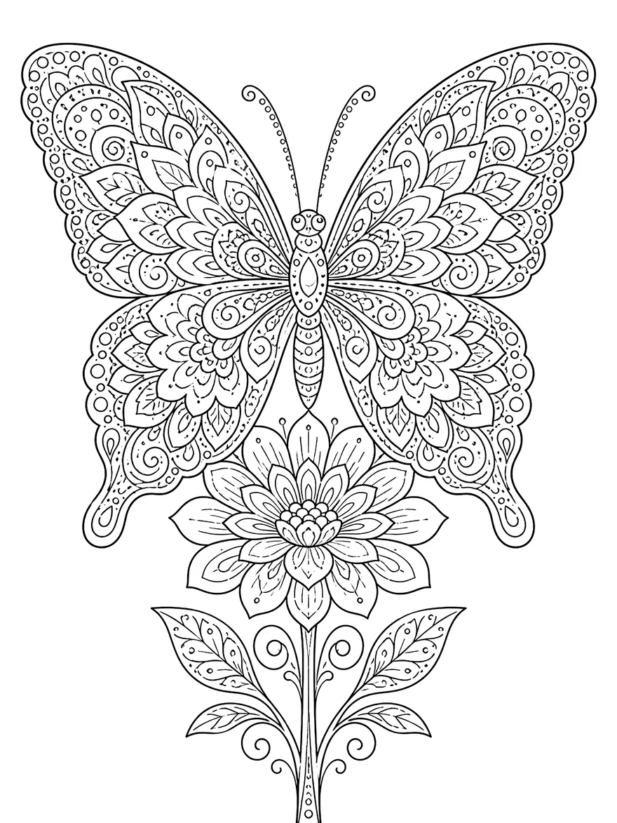 Mandala Butterfly coloring page: Symmetrical wings filled with mandala patterns