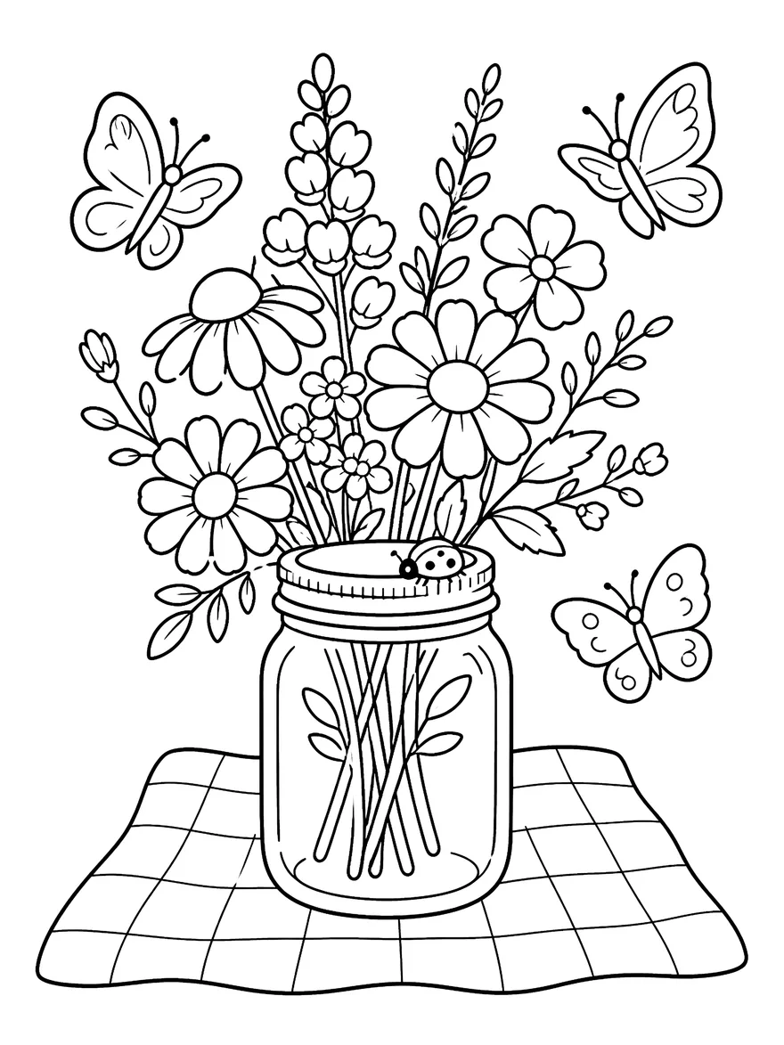 Butterfly Meadow coloring page: A jar of wildflowers, butterflies and a ladybug