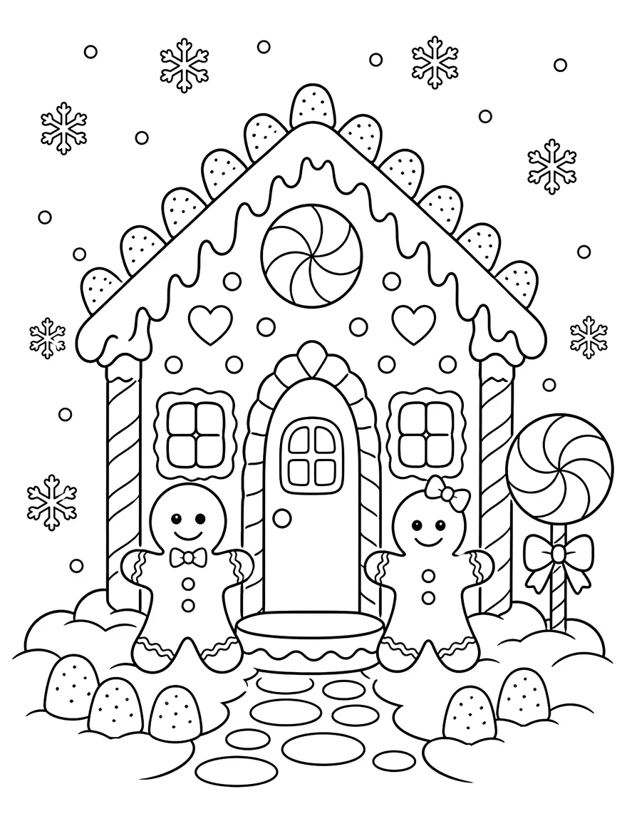Gingerbread House coloring page: Candy canes, gumdrops and two gingerbread people