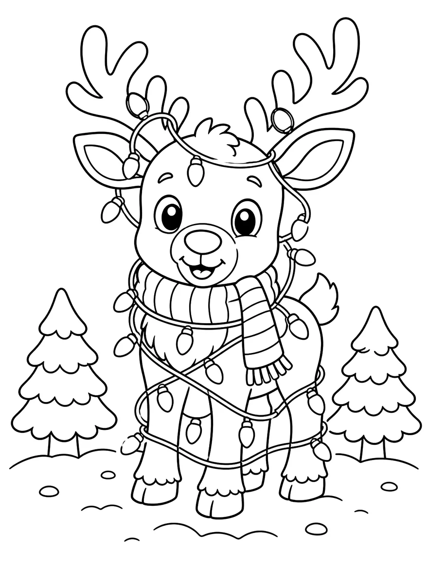 Reindeer in a Scarf coloring page: A cozy reindeer with a scarf and a string of lights