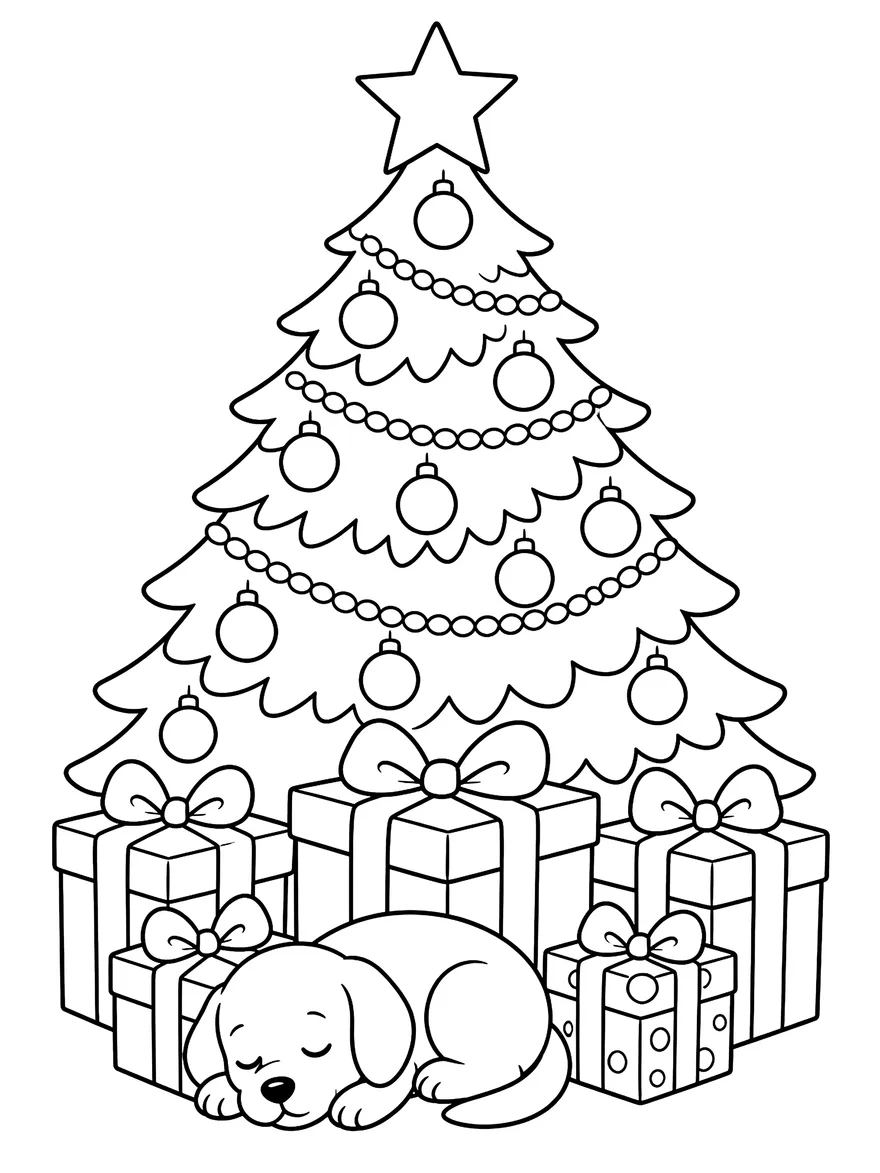 Christmas Tree coloring page: A decorated tree, presents and a sleeping puppy