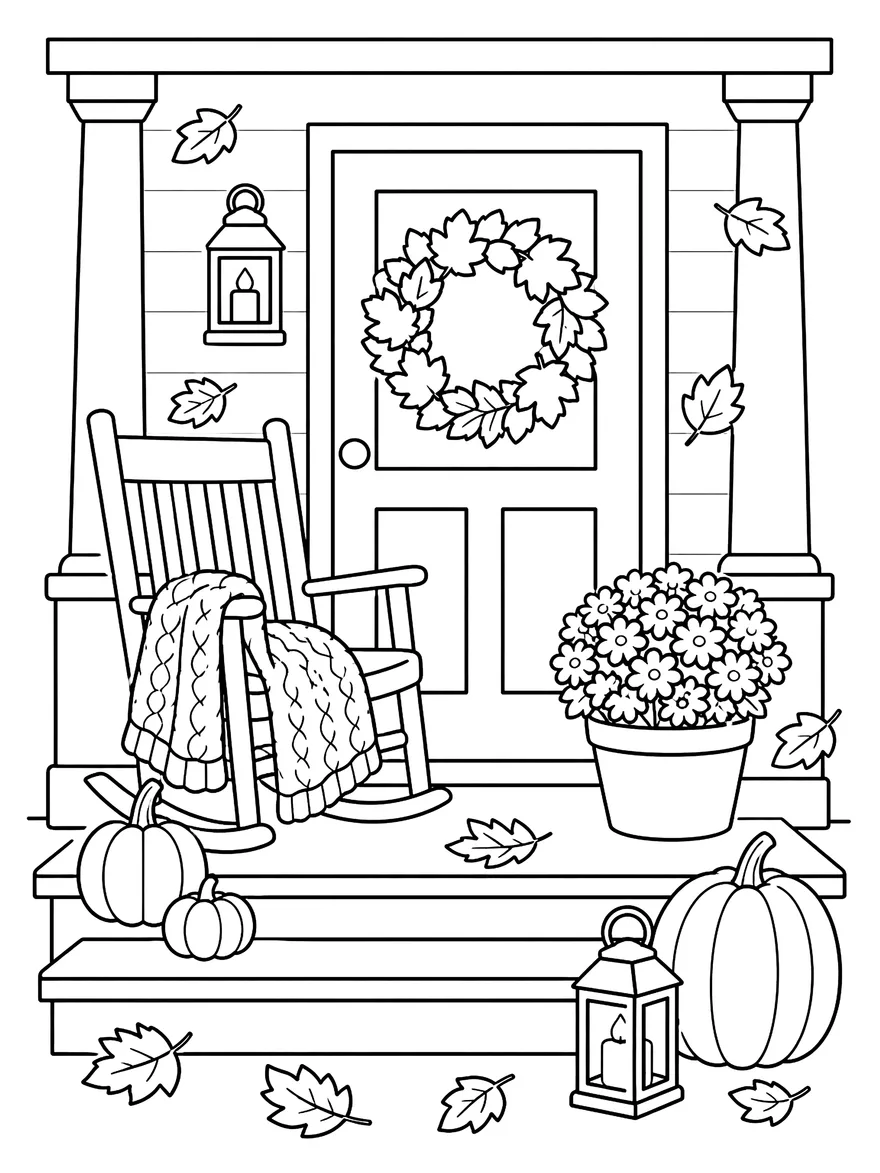 Cozy Autumn Porch coloring page: Pumpkins, a rocking chair and a knitted blanket