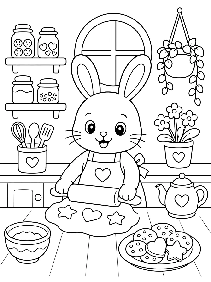 Cozy Kitchen Baking coloring page: A bunny in an apron baking cookies