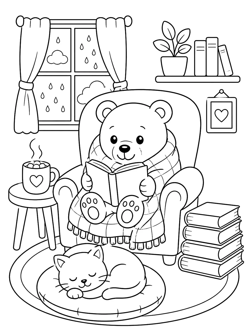 Cozy Reading Nook coloring page: A little bear reading by a rainy window