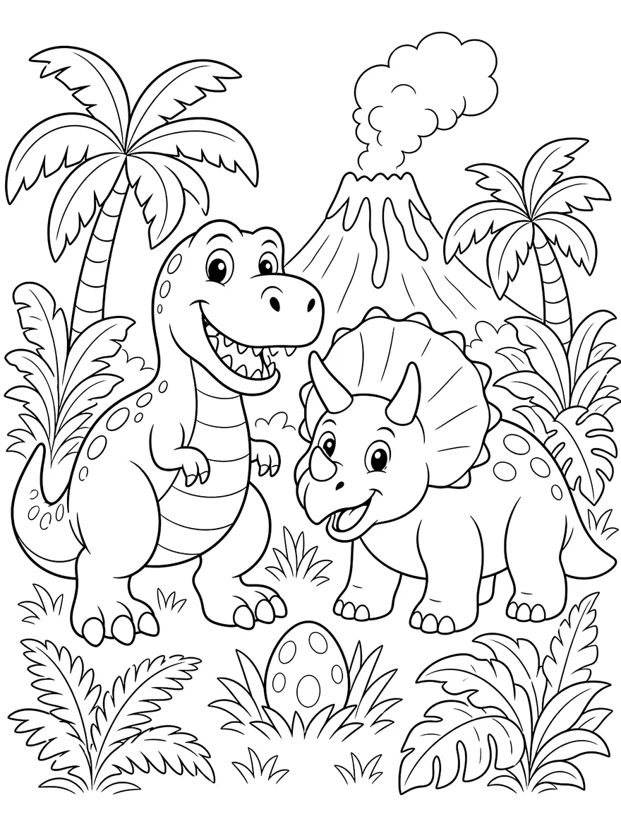 Dinosaur Friends coloring page: A T-rex and a triceratops by a smoking volcano