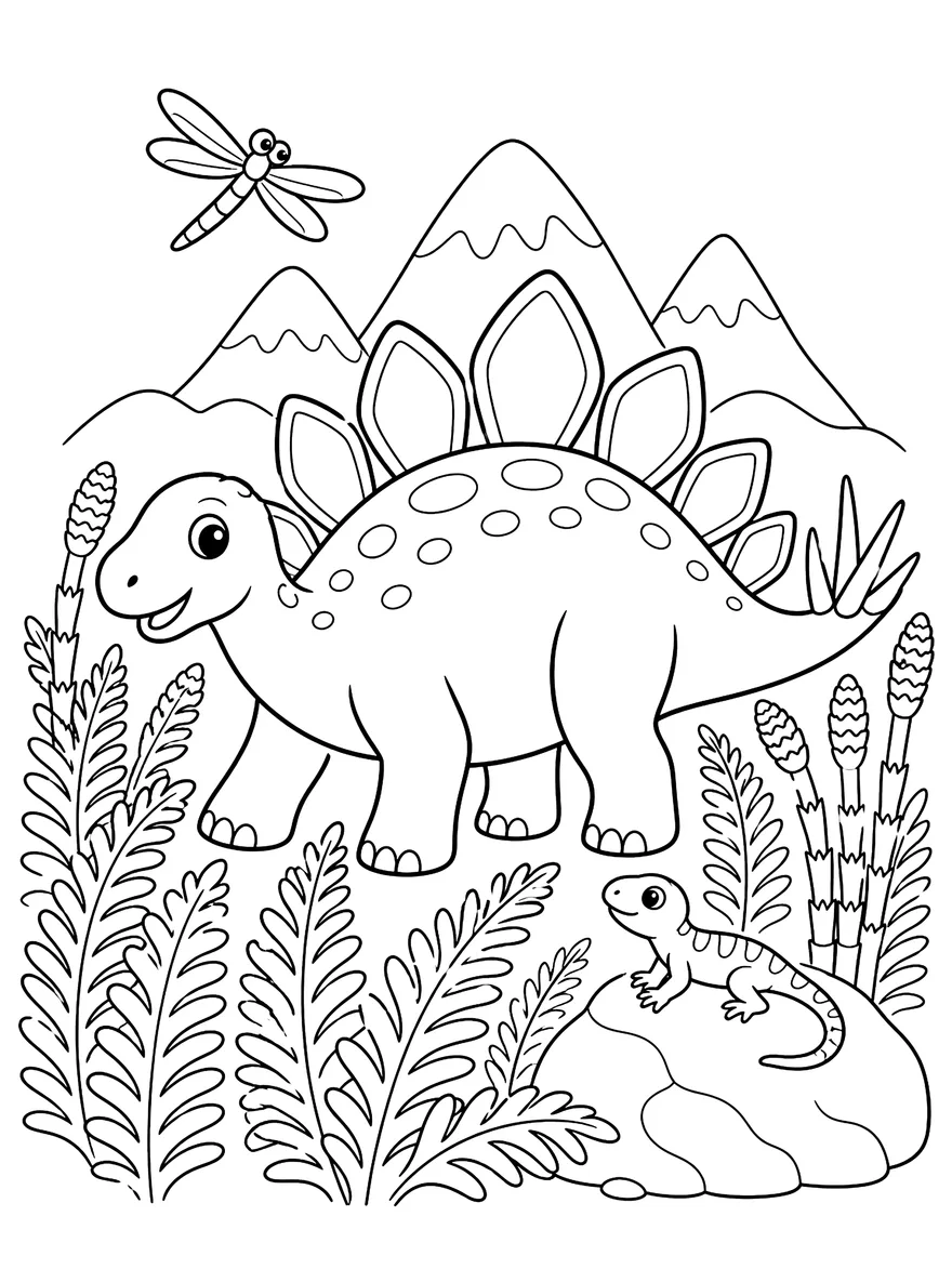 Stegosaurus Walk coloring page: A stegosaurus among ferns and a dragonfly