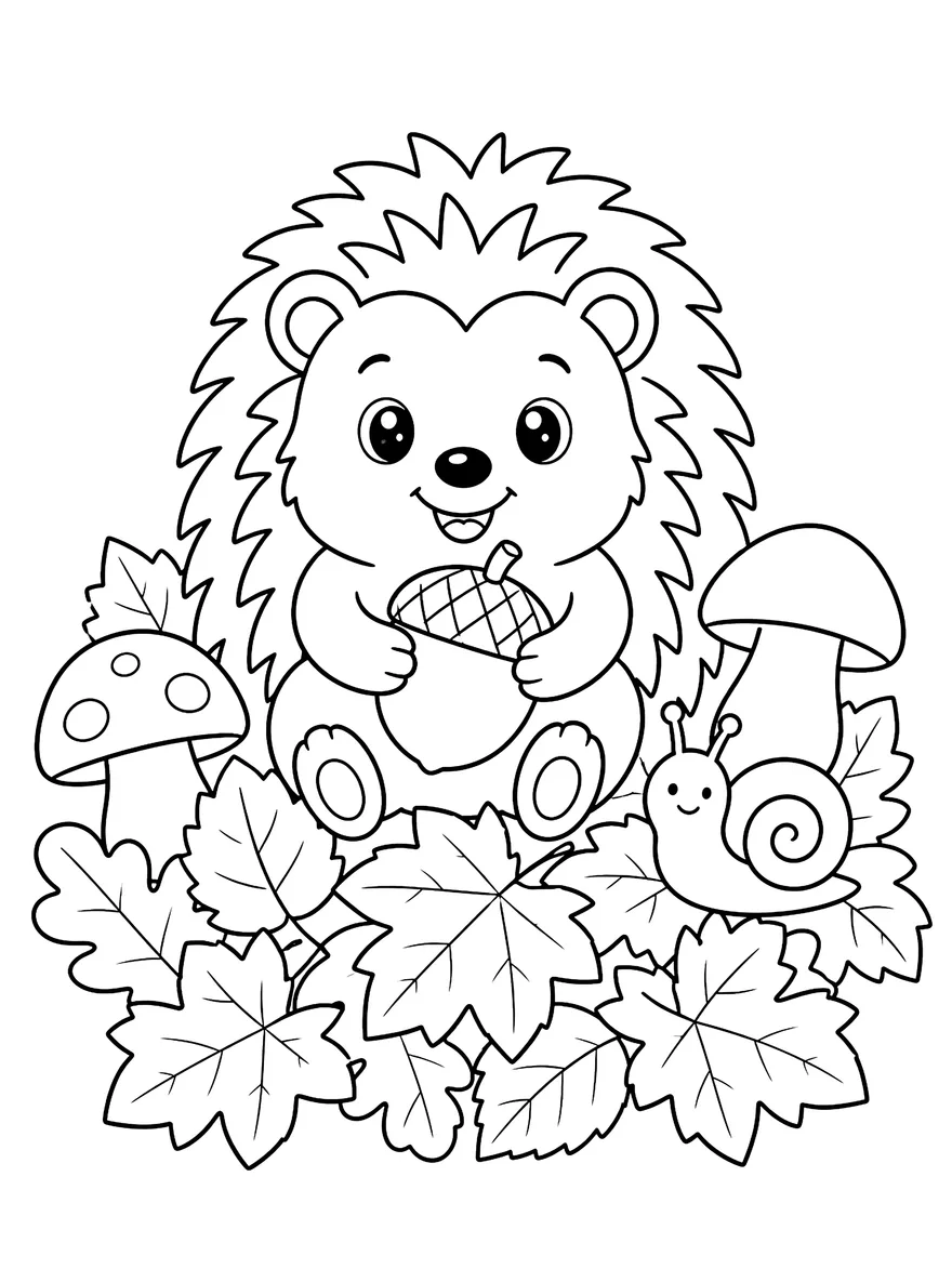 Hedgehog in the Leaves coloring page: A hedgehog with an acorn in a pile of autumn leaves