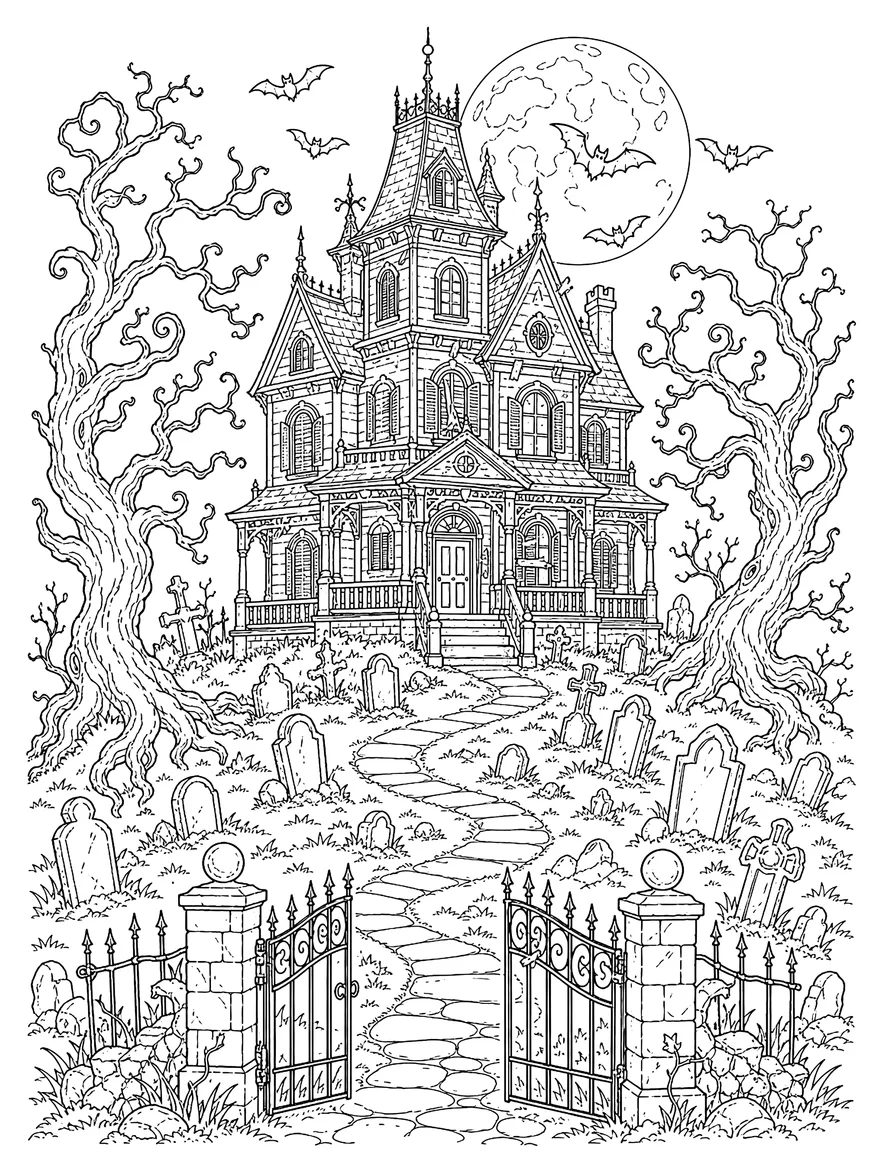 Haunted House coloring page: A crooked Victorian mansion under a full moon