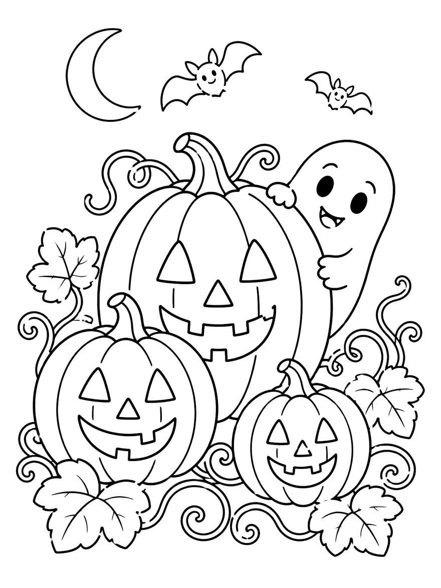 Pumpkin Patch coloring page: Smiling jack-o'-lanterns, a little ghost and bats