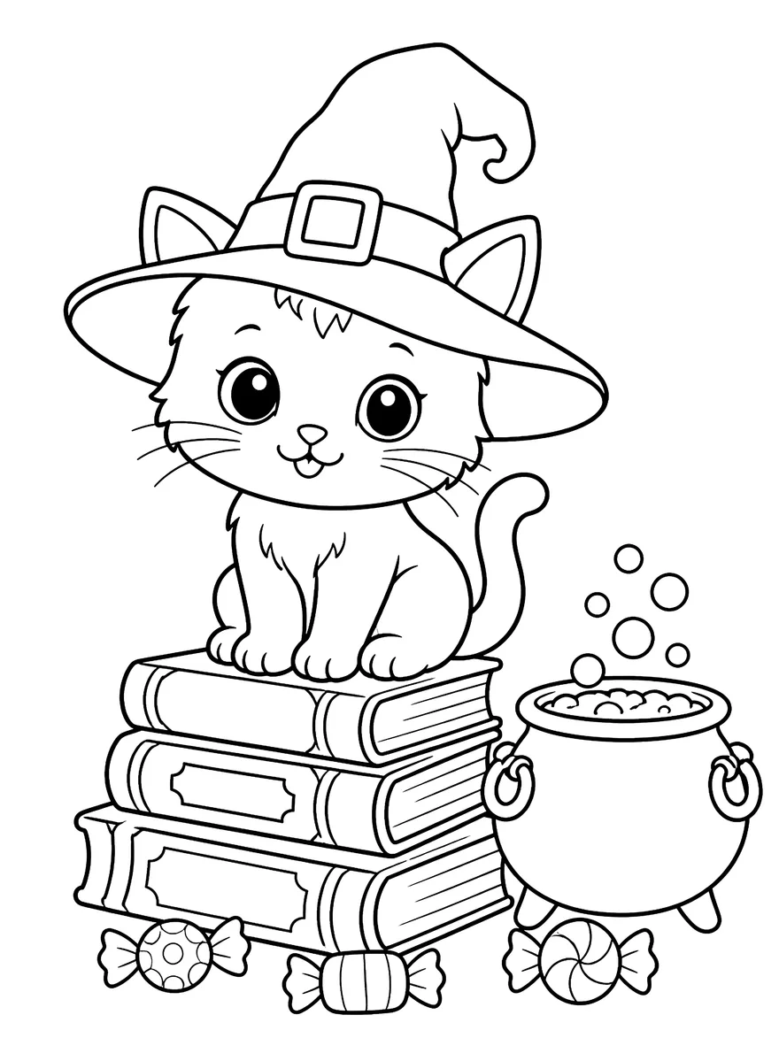 Witch Hat Kitten coloring page: A kitten in a witch hat on a stack of spell books