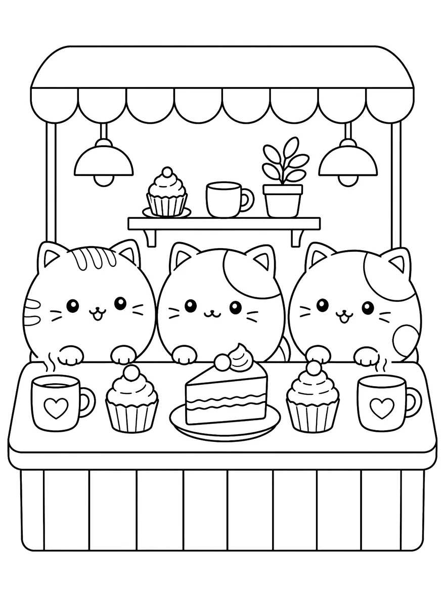 Kawaii Cat Café coloring page: Round little cats with cakes and steaming mugs