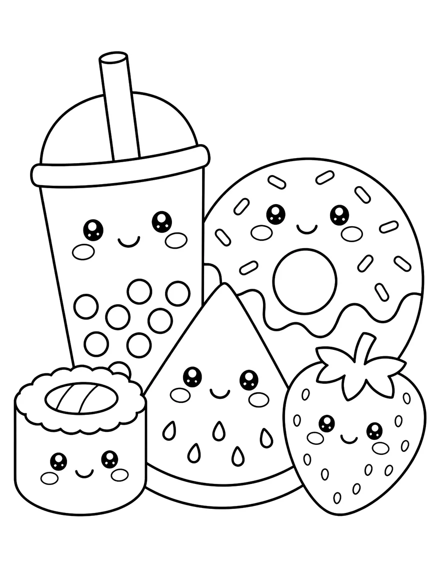 Kawaii Food Friends coloring page: Smiling boba tea, donut, watermelon and strawberry