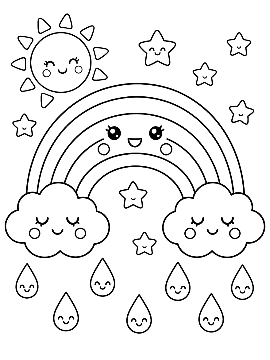 Kawaii Rainbow coloring page: A smiling rainbow between two sleepy clouds