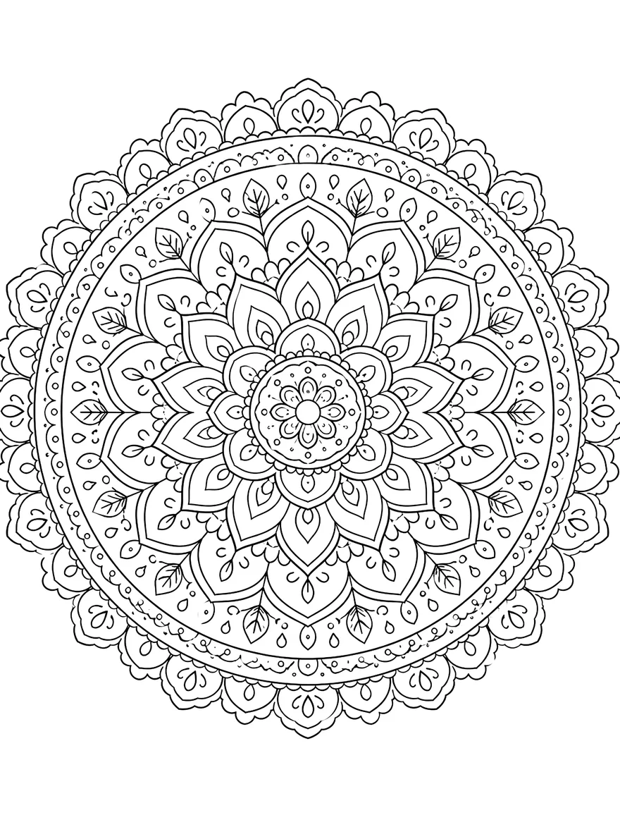 Lotus Mandala coloring page: Layered lotus petals radiating from a single flower