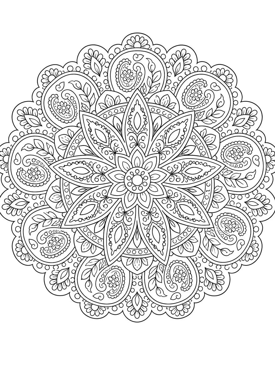 Star Flower Mandala coloring page: Eight-point star petals with dotted borders