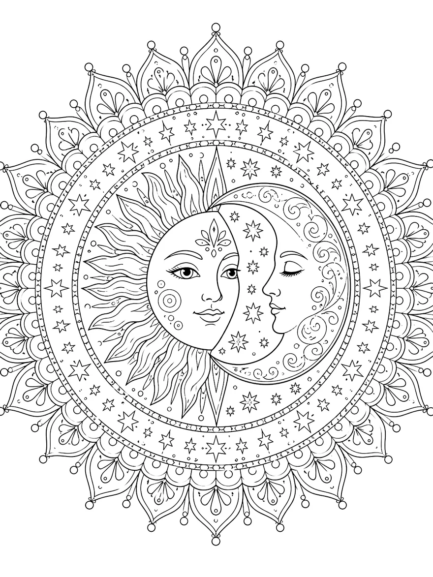 Sun and Moon Mandala coloring page: A sun and crescent moon inside layered rings
