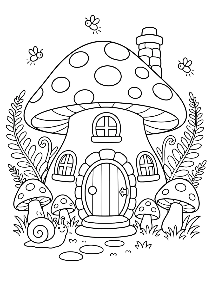 Mushroom House coloring page: A spotted mushroom cottage with a tiny door