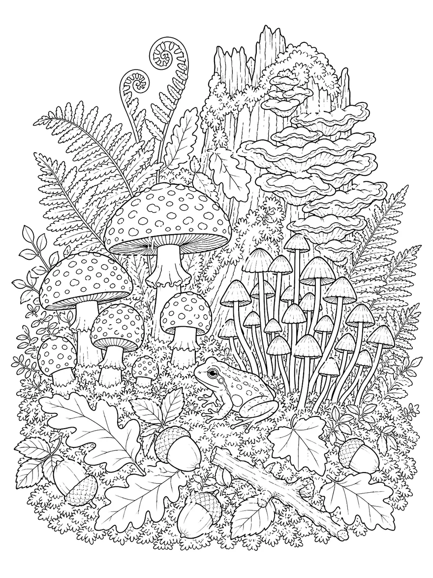 Mushroom Forest Floor coloring page: Clusters of mushrooms, moss, ferns and a frog