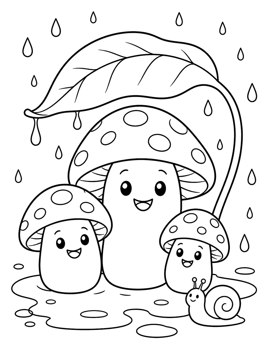 Mushroom Friends coloring page: Three smiling mushrooms sharing a leaf umbrella