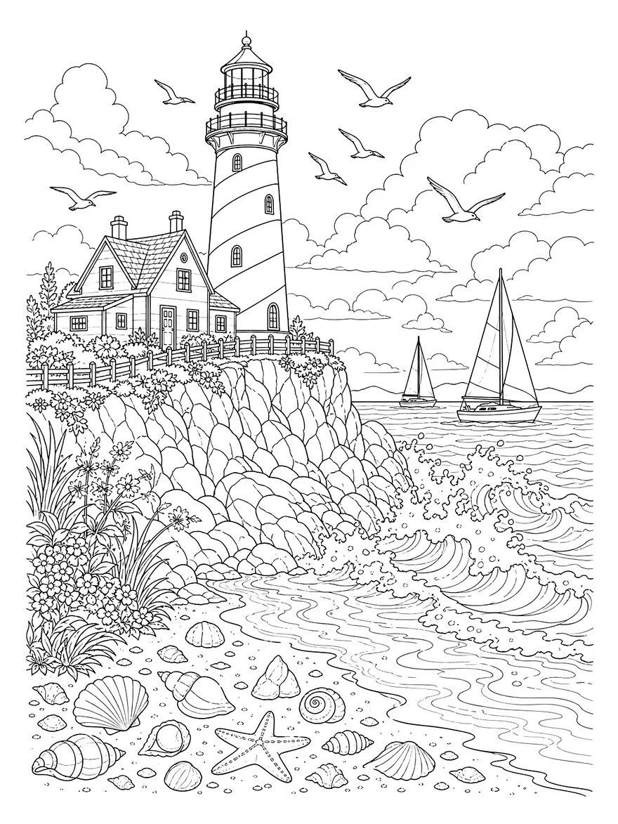 Lighthouse Cove coloring page: A lighthouse above crashing waves and sailboats