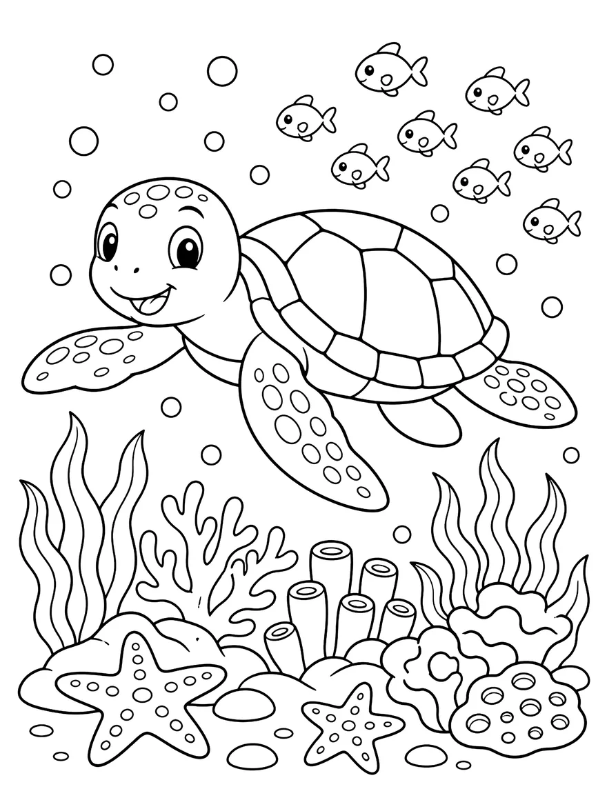 Sea Turtle Reef coloring page: A sea turtle swimming over coral with fish