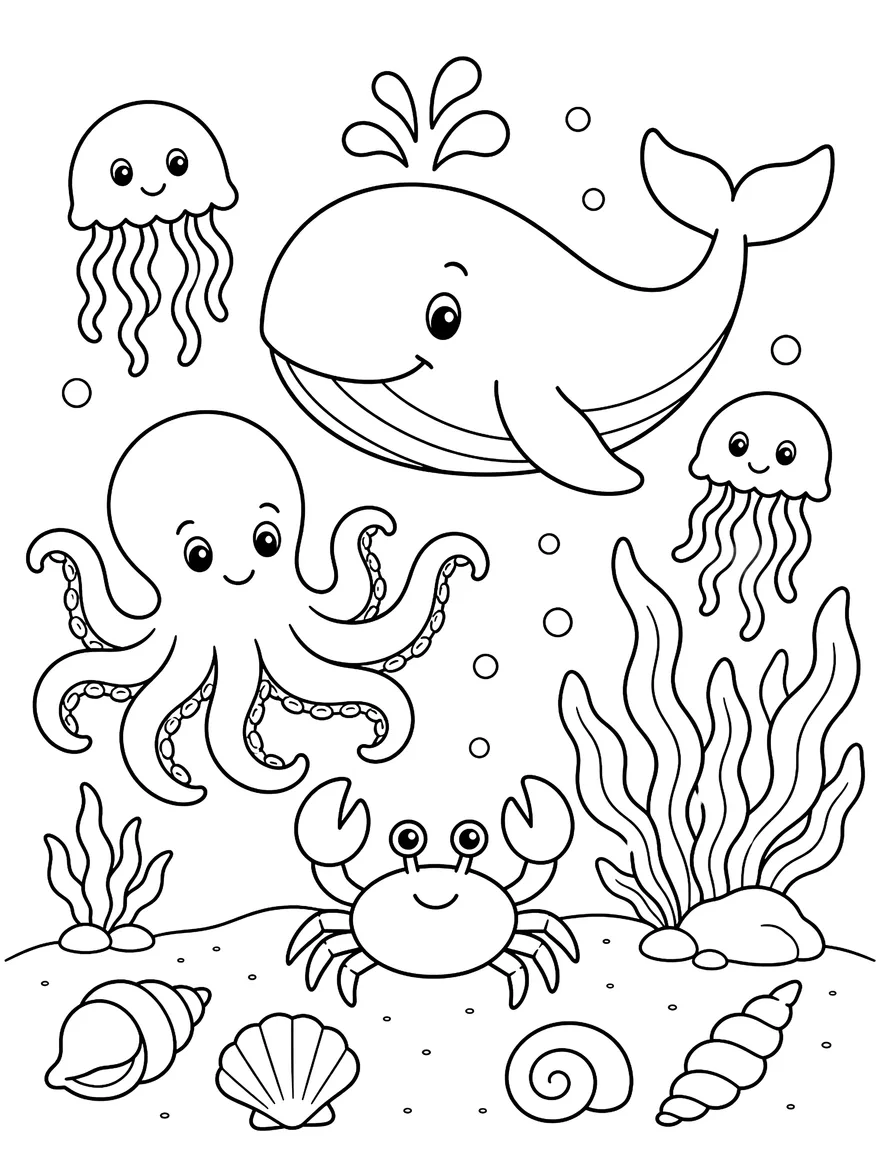 Under the Sea coloring page: A whale, an octopus, a crab and jellyfish
