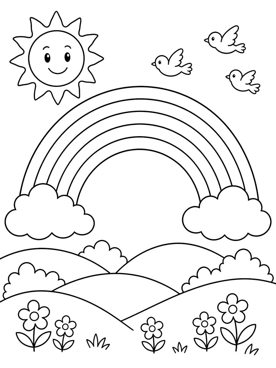 Rainbow Over the Hills coloring page: A big rainbow, fluffy clouds and a smiling sun