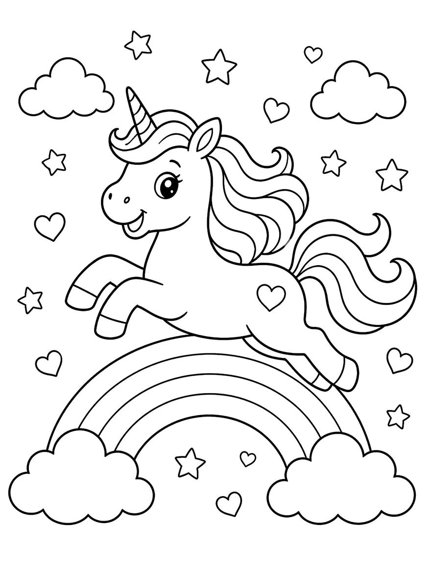 Rainbow Unicorn coloring page: A unicorn leaping over a rainbow
