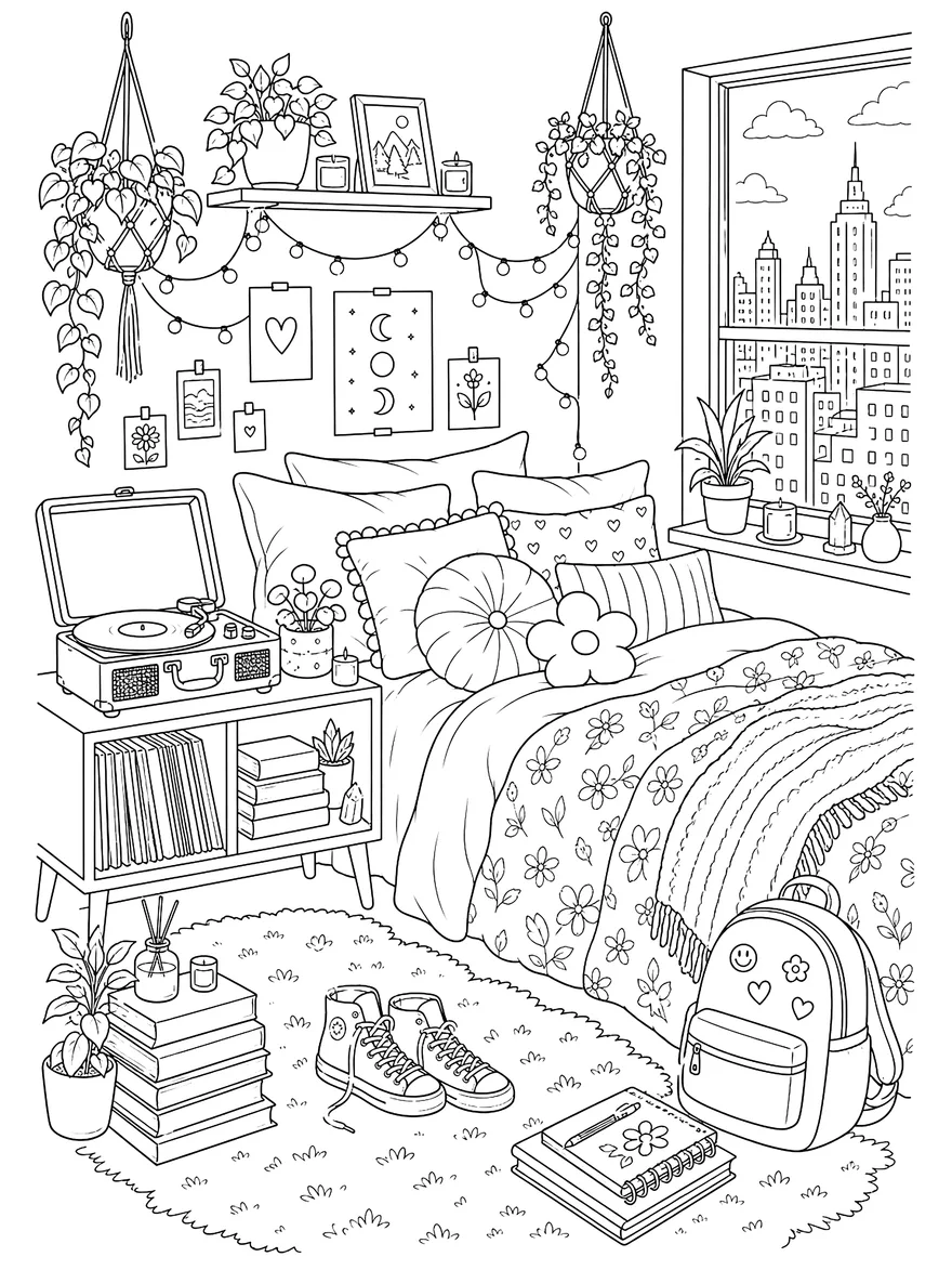 Aesthetic Bedroom coloring page: Fairy lights, plants and a record player