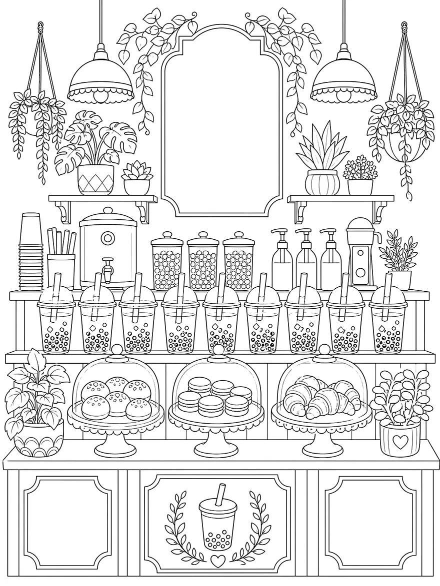 Boba Shop coloring page: A café counter with boba drinks and pastries