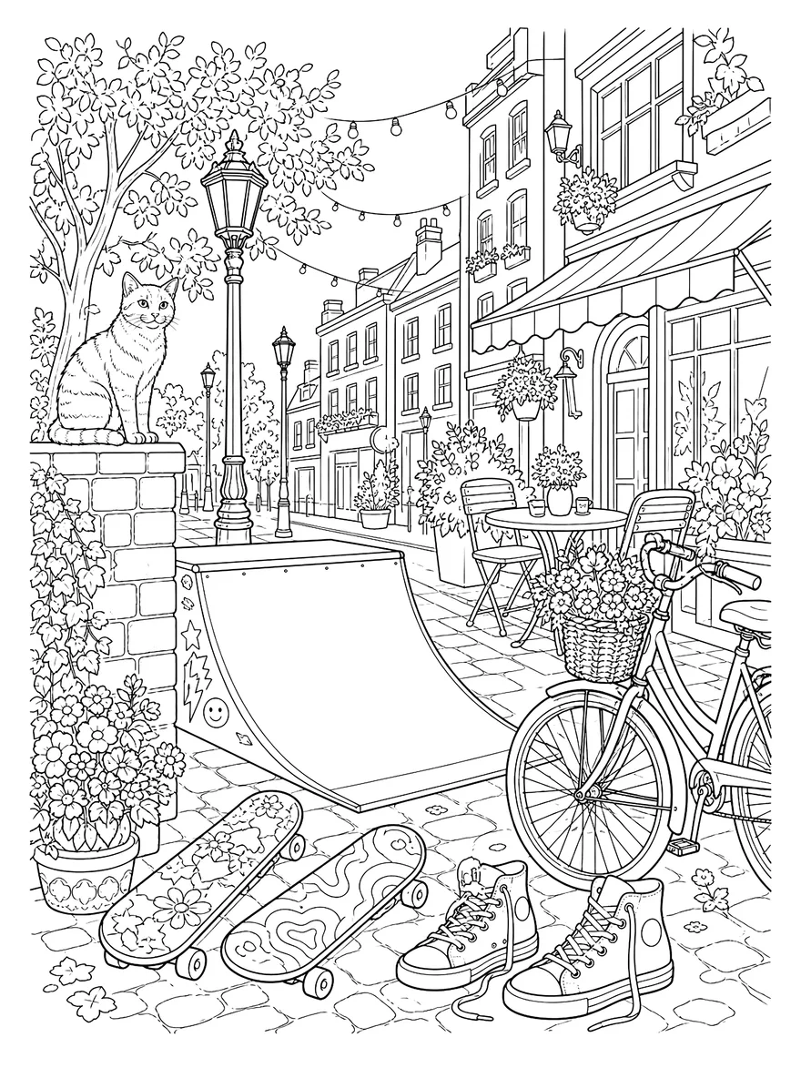 Skate Street coloring page: Skateboards, sneakers and a cat on a café wall