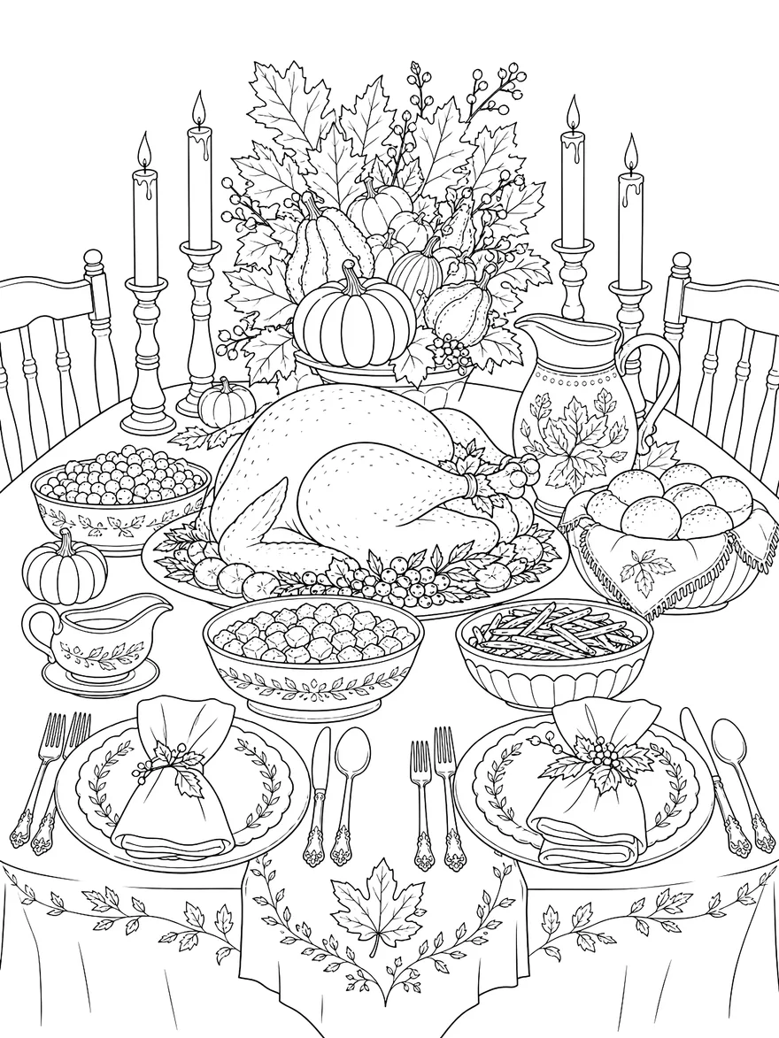 Thanksgiving Table coloring page: A laid table with a roast, sides and candles