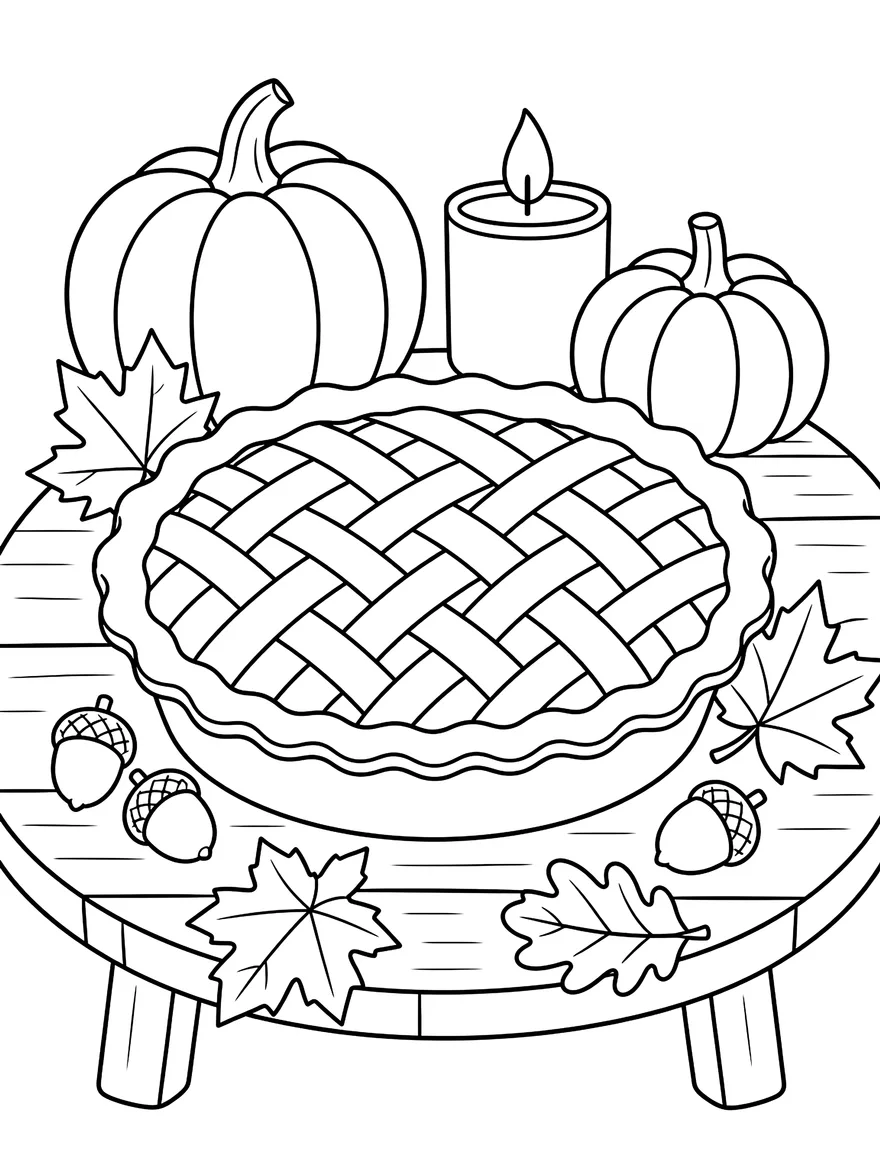 Pie and Pumpkins coloring page: A lattice pie, pumpkins and a candle