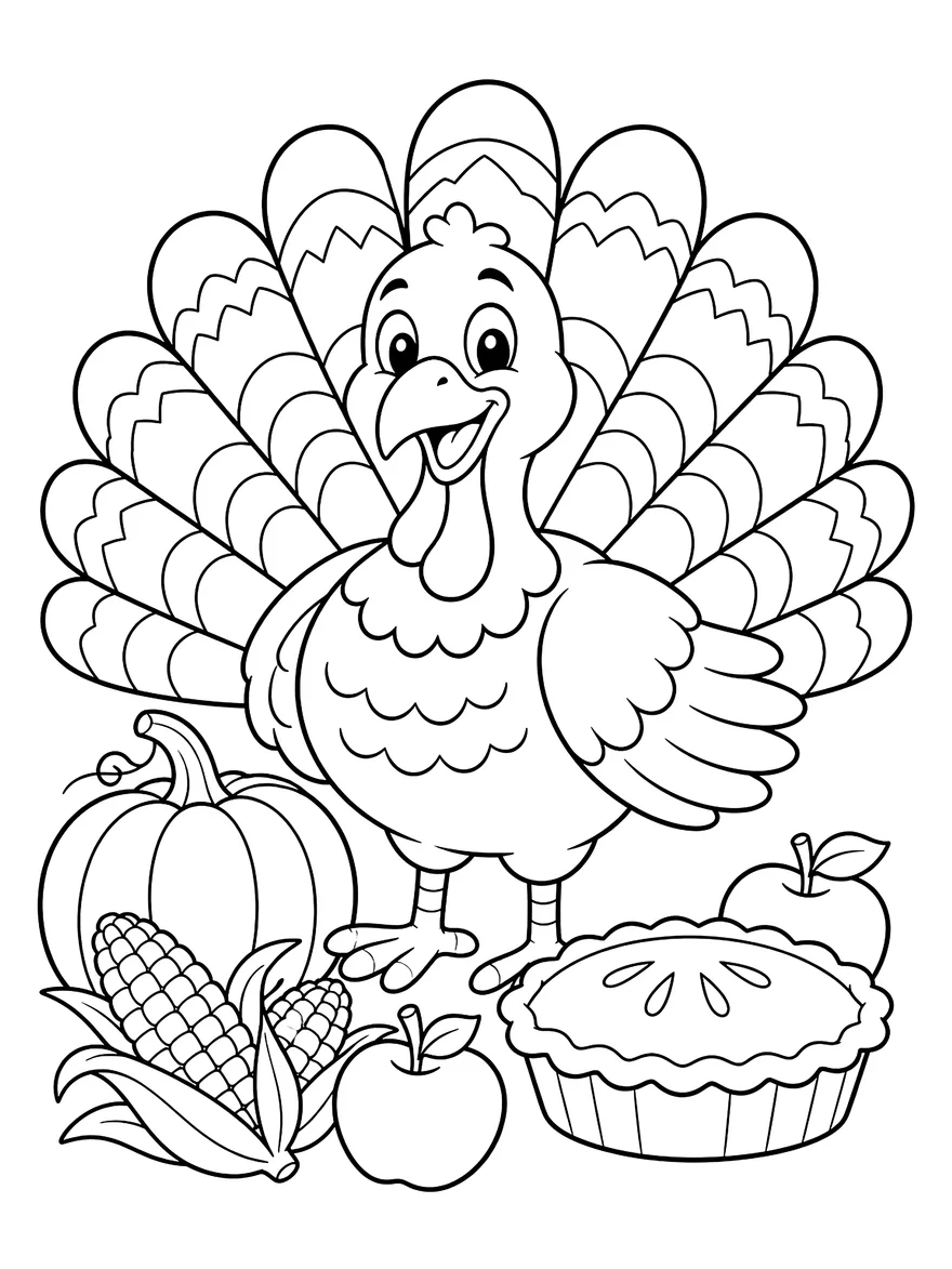 Thankful Turkey coloring page: A proud turkey with a harvest of pumpkins, corn and pie