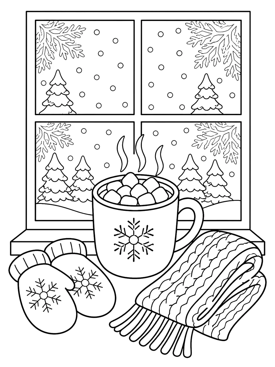 Cocoa by the Window coloring page: A mug of cocoa on a frosty windowsill