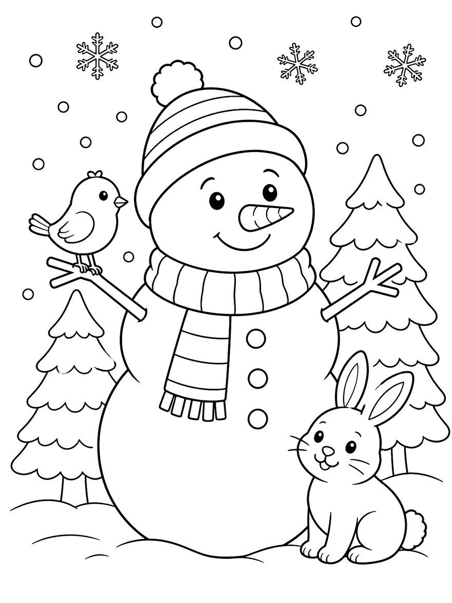 Snowman and Friends coloring page: A snowman with a bird and a bunny in the snow