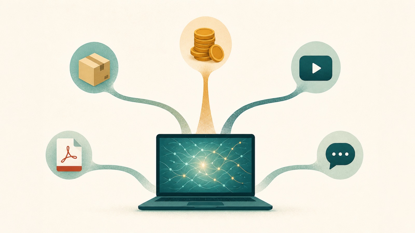 Illustration of many paths branching from a glowing laptop, each leading to a different AI side-hustle icon: a coin, a shipping box, a video icon and a document icon