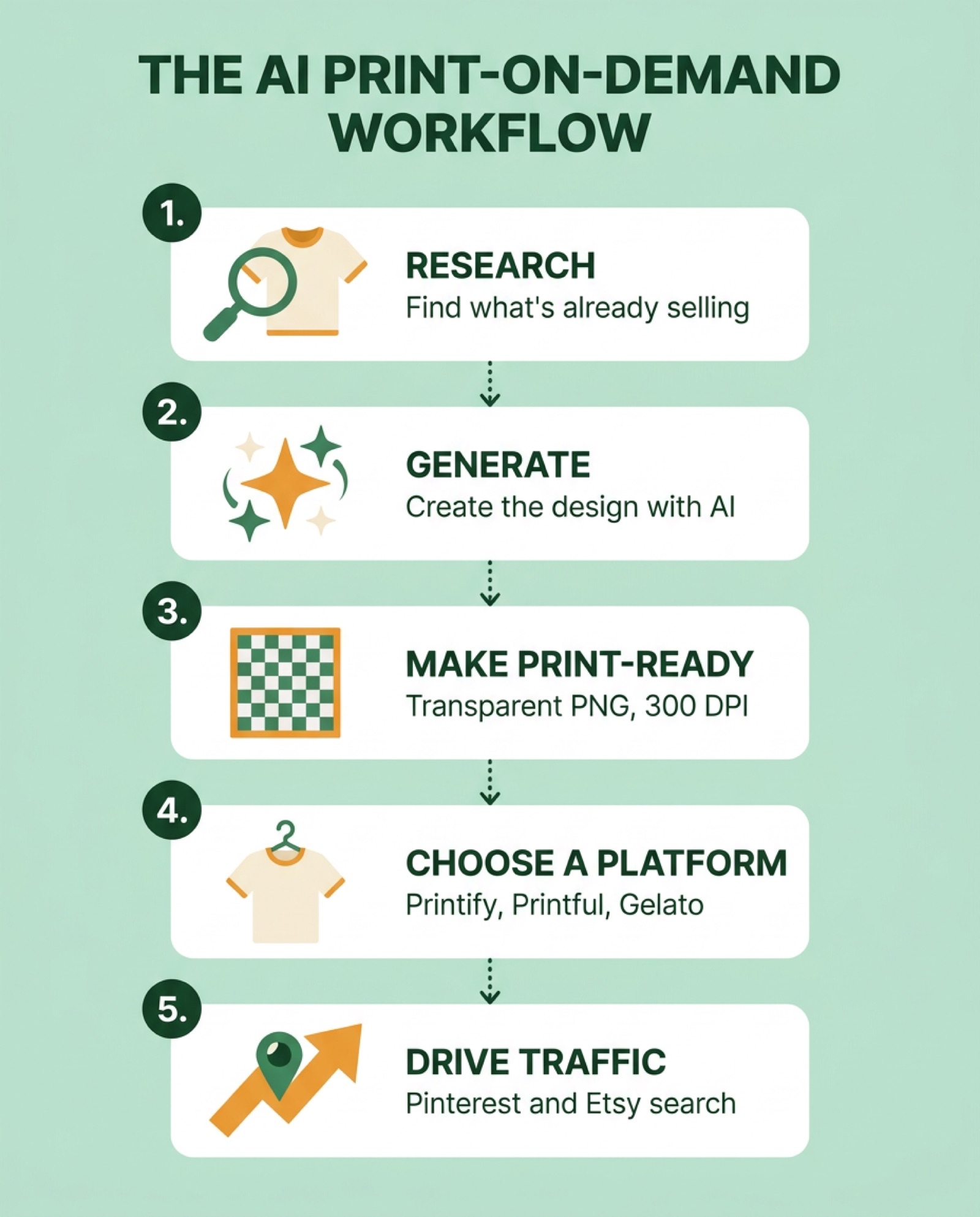 The five-step AI print-on-demand workflow: research, generate, make print-ready, choose a platform, drive traffic