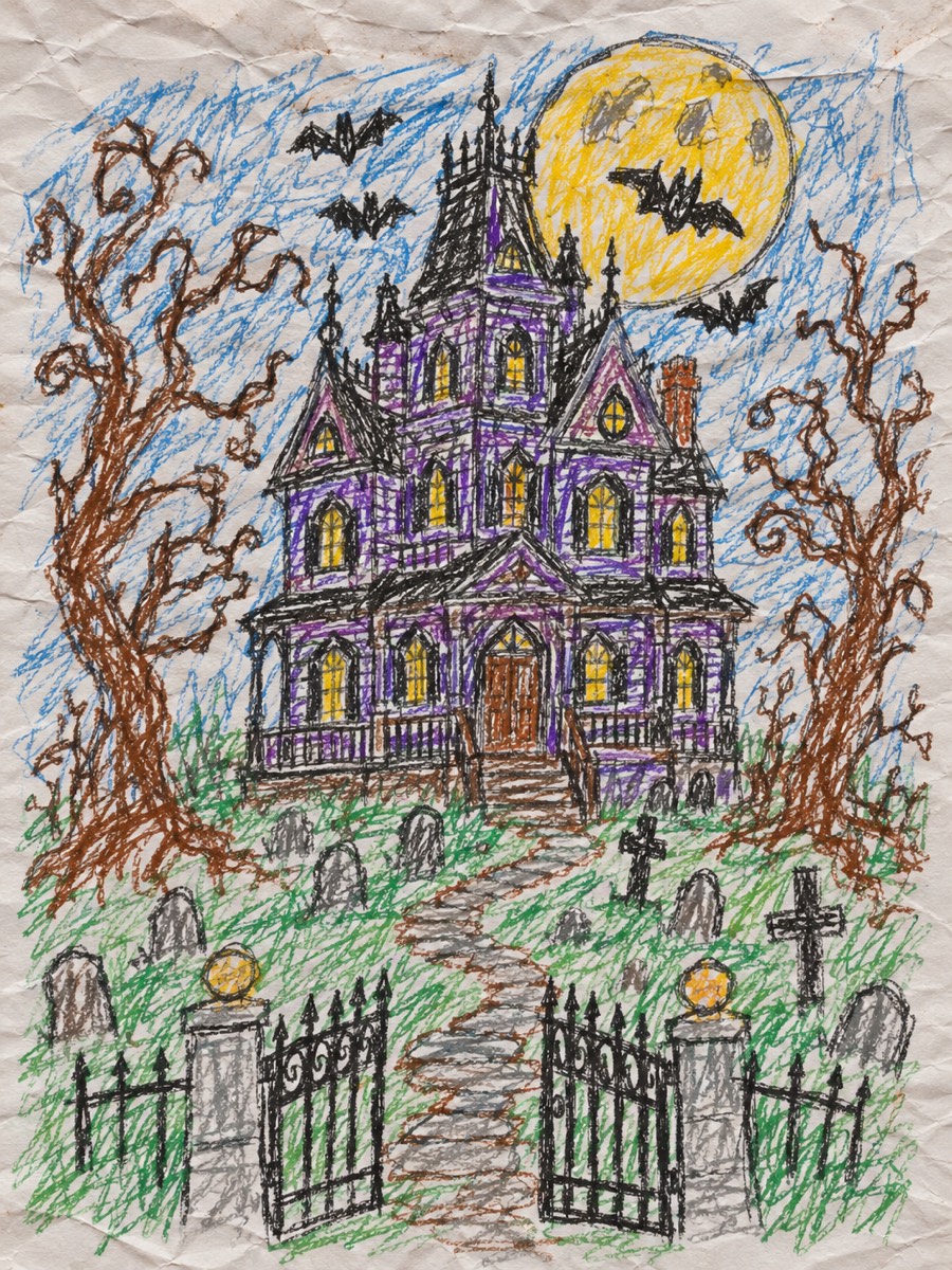 Haunted House coloring page finished in crayon: purple house with yellow windows, blue sky, full moon and brown twisted trees
