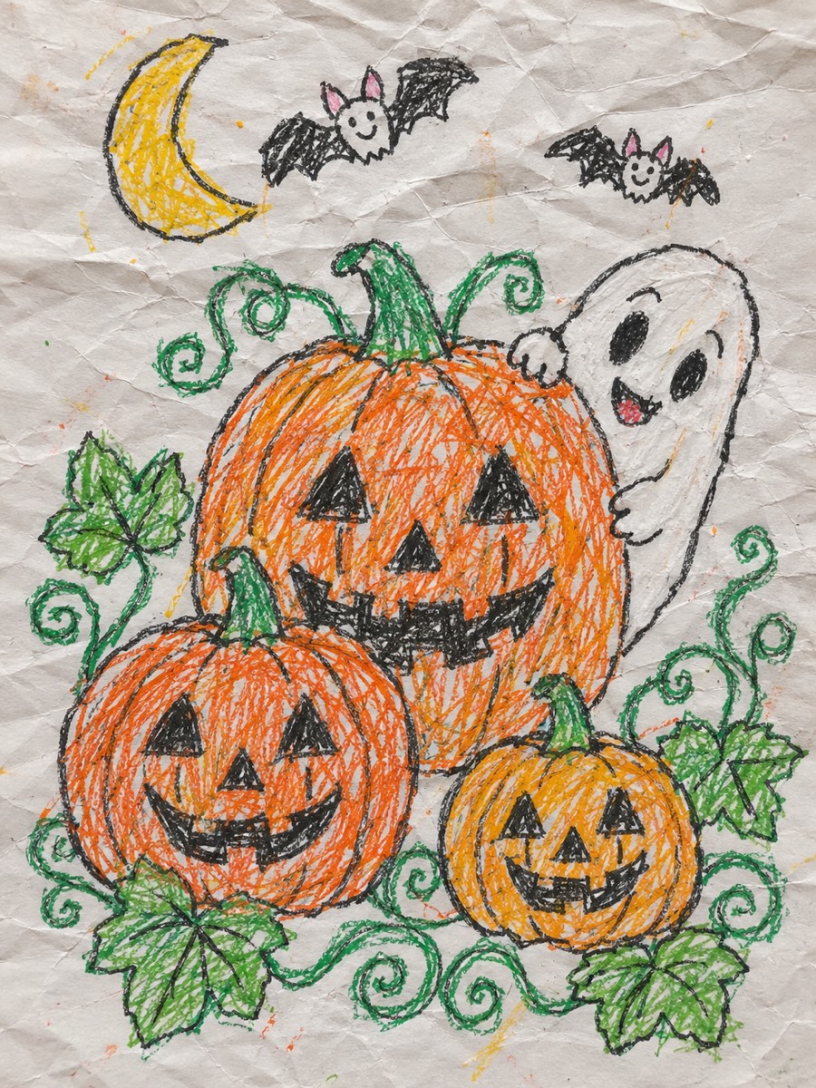 Pumpkin Patch coloring page finished in crayon: orange jack-o'-lanterns, green vines, white ghost and a yellow moon