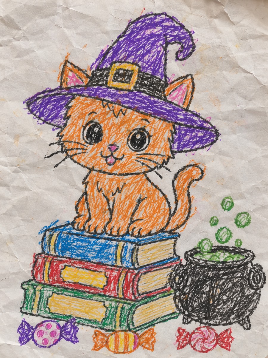 Witch Hat Kitten coloring page finished in crayon: orange kitten, purple witch hat, green bubbling potion