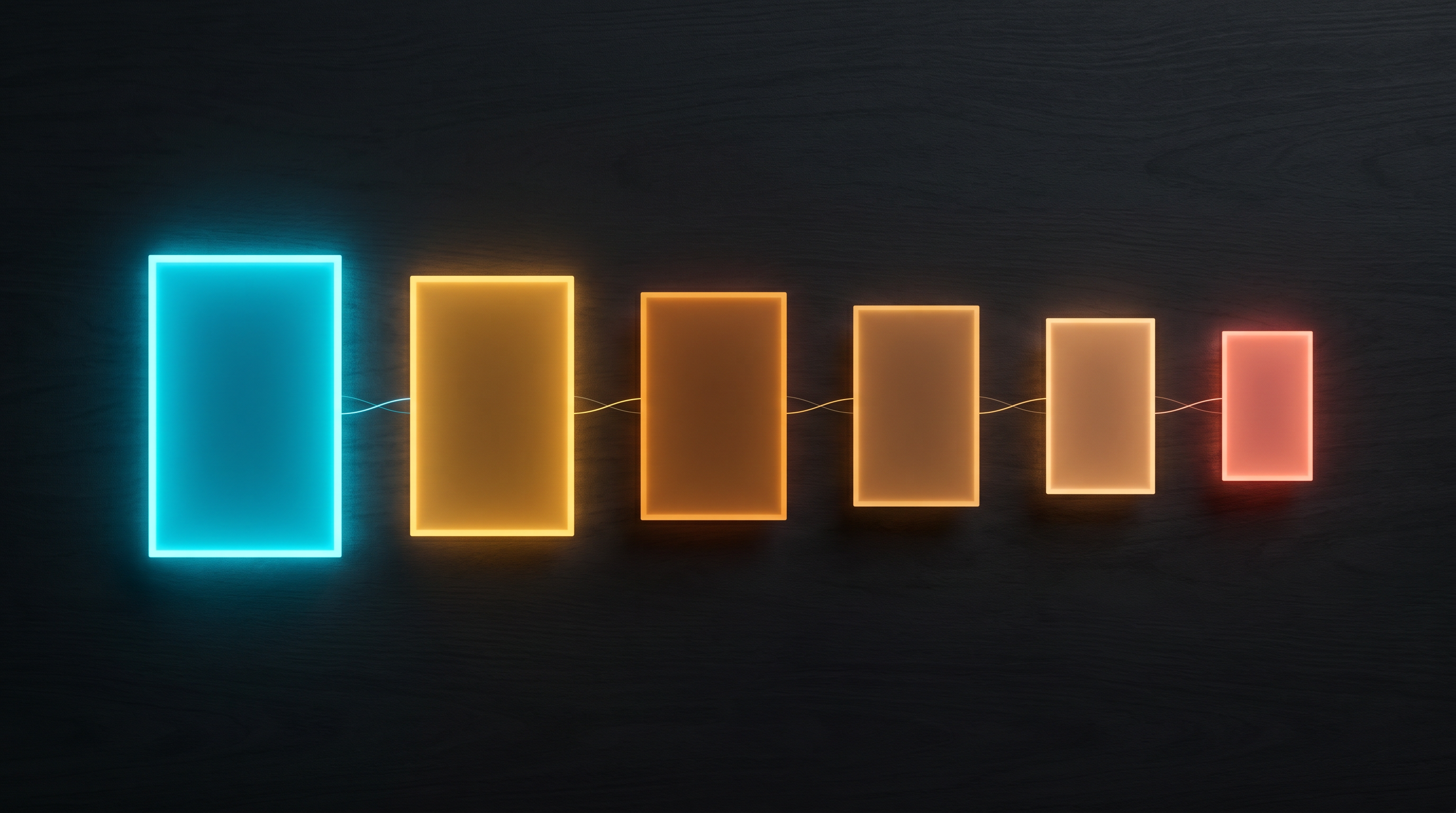 Six abstract cards in sequence — bright cyan hook slide, warm amber content slides, coral CTA at the end