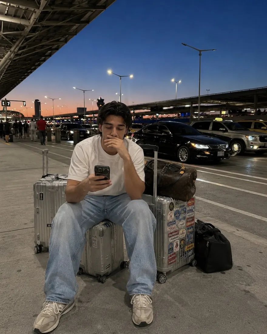 Airport Curb at Dusk: Sitting on luggage at the terminal curb, sunset behind