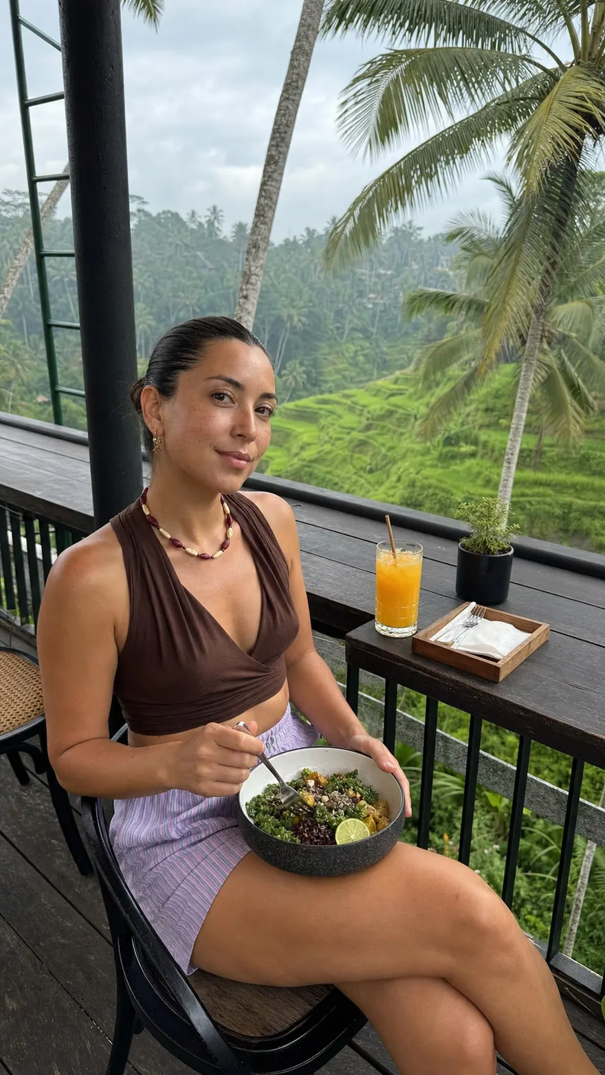 Balcony Brunch Bowl: Bowl on the lap at an open-air terrace restaurant