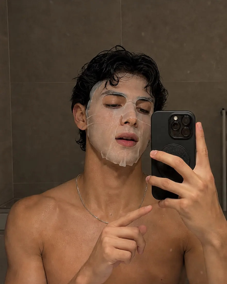 Sheet Mask Mirror Selfie: Shirtless mirror selfie mid skincare routine