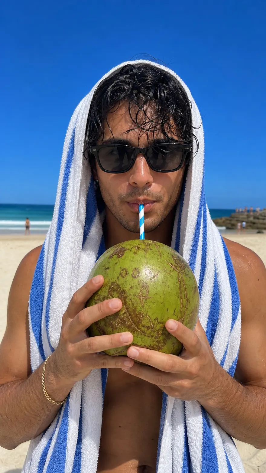 Beach Coconut: Towel over the head, sipping a coconut on a bright beach