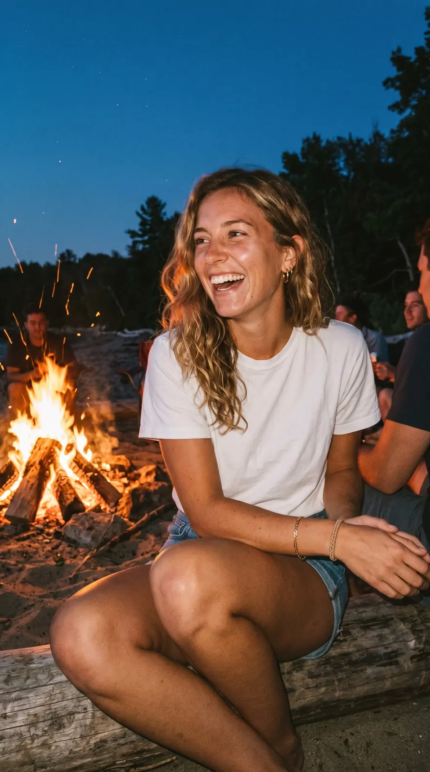Bonfire Laugh: Golden-hour bonfire moment with friends, mid-laugh
