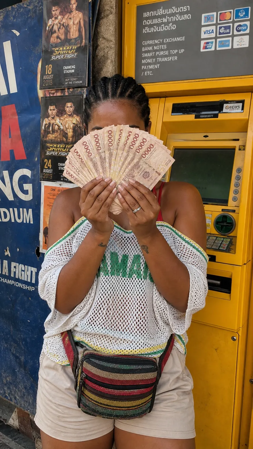 Cash Machine Fan: Face hidden behind a fan of notes at a yellow ATM