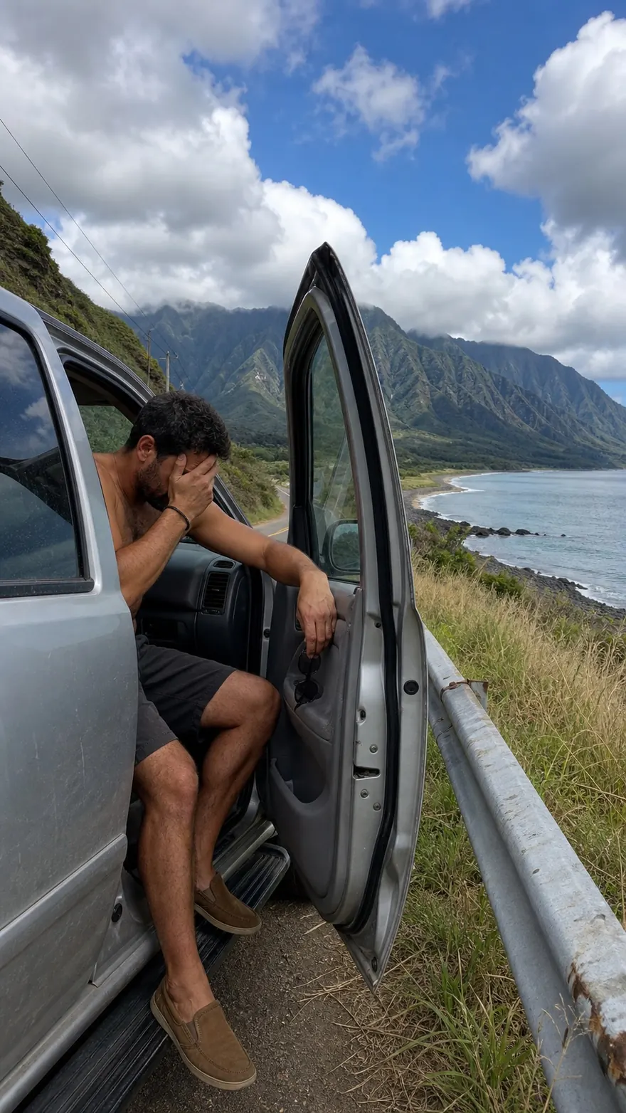 Coastal Car Doorway: Sitting sideways in an open SUV door on a coast road